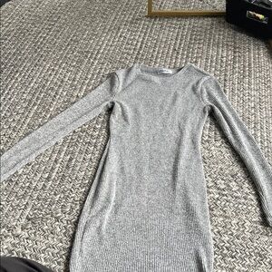 Ribbed Long-Sleeve Bodycon Dress in Silver